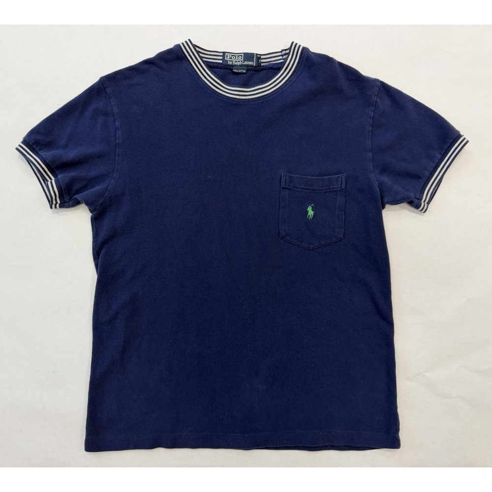 Polo Ralph Lauren Vintage Navy Ringer T Shirt Men's Small Pocket Pony Striped
